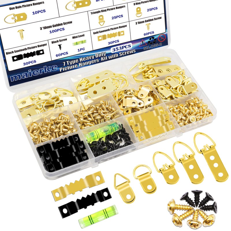 maierke 353PCS Golden Picture Hanging Kit,Picture Hangers Heavy Duty Picture Hanging Hooks with Screws,Picture Frame Hooks Heavy Duty Picture Framing Supplies Kit for Picture Hanging(7 Types) - Image 1
